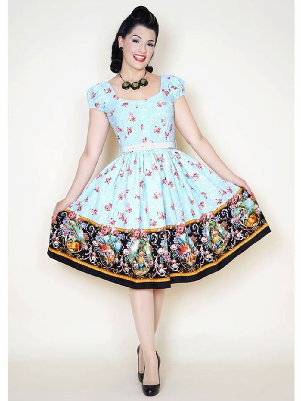 Bernie Dexter Light Blue Floral Romantic Rococco Dress with Decorative Border